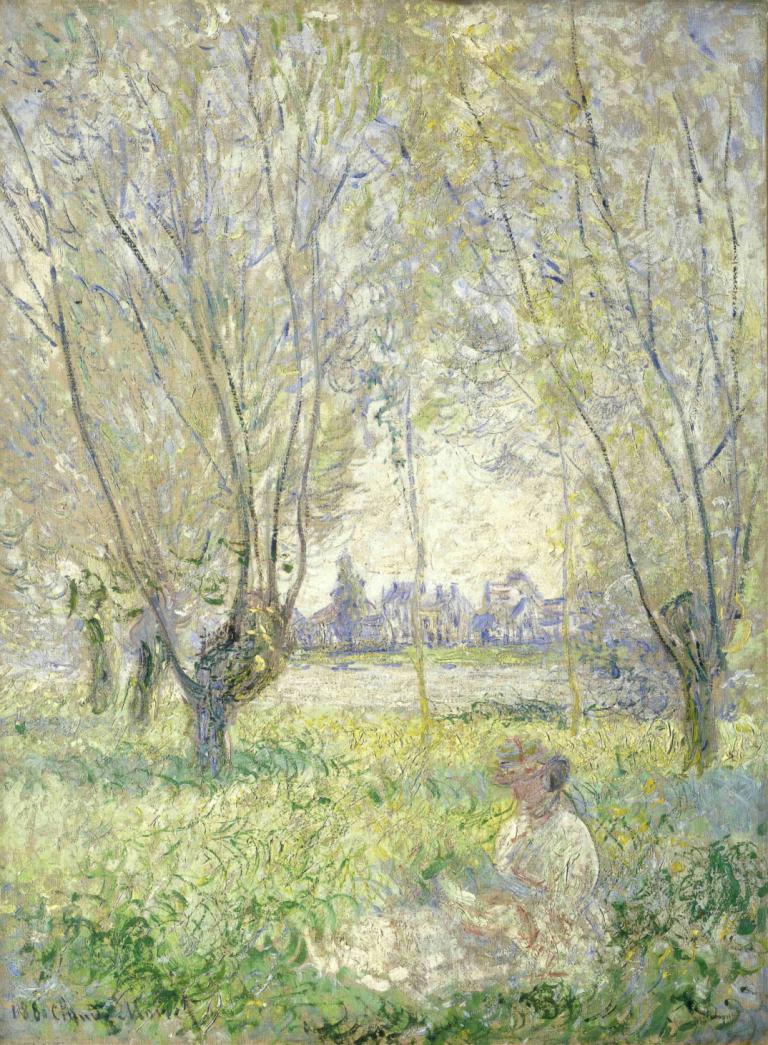 Woman Seated under the Willows,Claude Monet,Oil Painting,Oil Painting, tree, grass, outdoors, nature, scenery