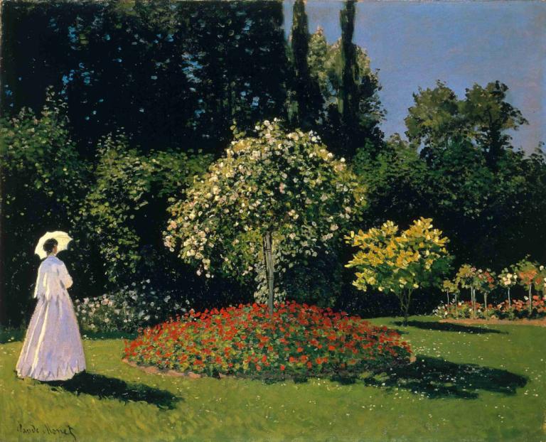 Woman in the Garden,Claude Monet,Oil Painting,Oil Painting, solo, 1girl, outdoors, dress, tree, hat, shadow