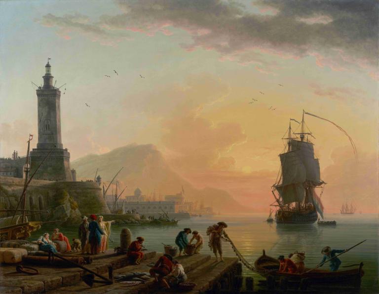 A Calm at a Mediterranean Port,Claude-Joseph Vernet,Oil Painting,Oil Painting, watercraft, ship, boat