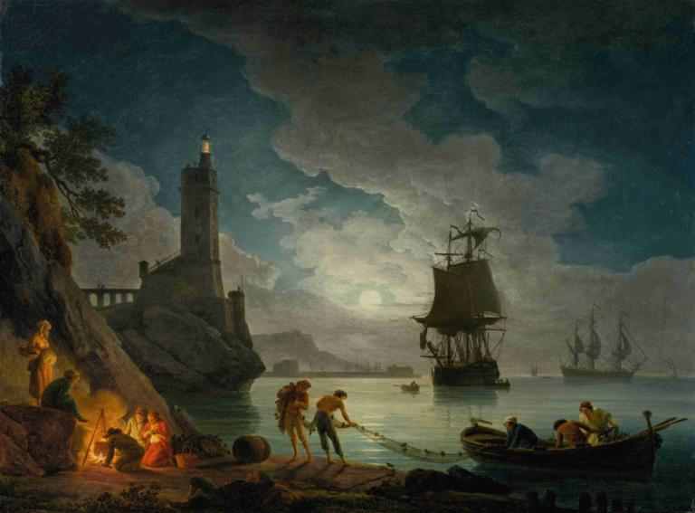 A Harbor in Moonlight,Un puerto a la luz de la luna,Claude-Joseph Vernet,Pintura al óleo,Pintura al óleo