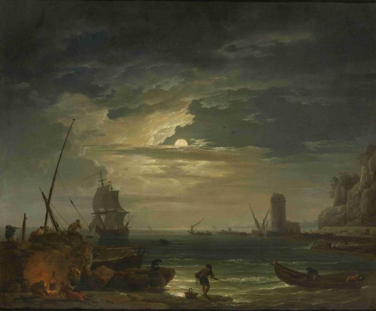 A Mediterranean Inlet By Moonlight,月明かりに照らされた地中海の入り江,Claude-Joseph Vernet,クロード＝ジョゼフ・ヴェルネ,油絵,油絵, 水上バイク, 雲, 船