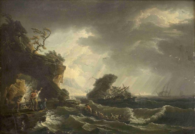 A Shipwreck,難破船,Claude-Joseph Vernet,クロード＝ジョゼフ・ヴェルネ,油絵,油絵, 景色, 雲, 複数の男の子, 水, 鳥, 空, 水上バイク, 屋外, 木, 海, 曇り空, 風景