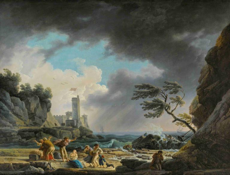 A Storm Near A Rocky Coast,바위가 많은 해안 근처의 폭풍,Claude-Joseph Vernet,클로드-조셉 베르네,오일 페인팅,오일 페인팅, 구름, 나무, 경치, 여러 소년