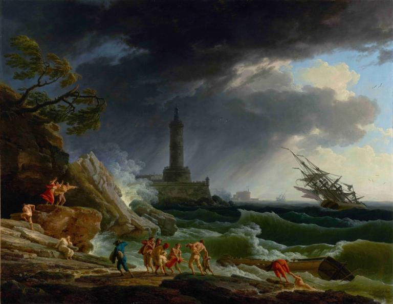 A Storm on a Mediterranean Coast,地中海沿岸の嵐,Claude-Joseph Vernet,クロード＝ジョゼフ・ヴェルネ,油絵,油絵, 景色, 雲, 木, 水上バイク, 空, 屋外, 船