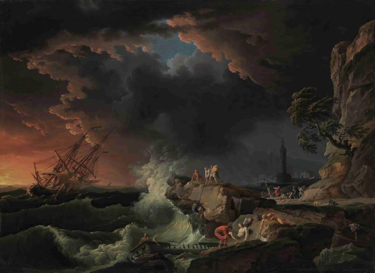 A shipwreck with figures coming ashore,Un naufrage avec des personnages qui s'échouent sur le rivage