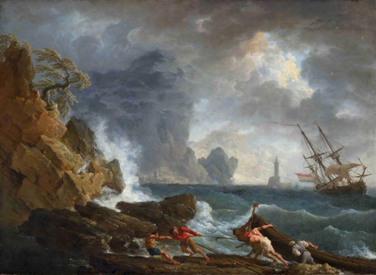 An Italian Harbour in Stormy Weather,Claude-Joseph Vernet,Oil Painting,Oil Painting, watercraft, cloud