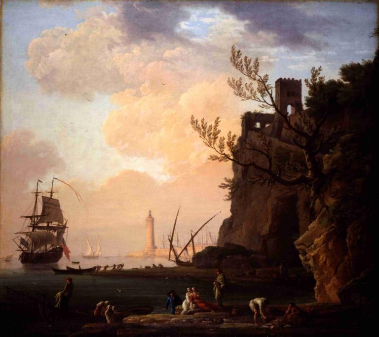 An Italianate Harbour Scene,イタリア風の港の風景,Claude-Joseph Vernet,クロード＝ジョゼフ・ヴェルネ,油絵,油絵, 水上バイク, 木, 景色, 雲, 複数の男の子, 空