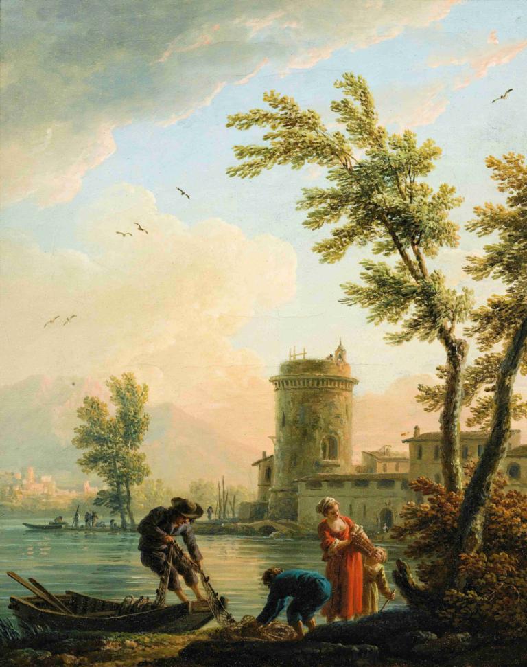 Fishers at sunrise,Fischer bei Sonnenaufgang,Claude-Joseph Vernet,Ölgemälde,Ölgemälde, Baum, Wasserfahrzeug