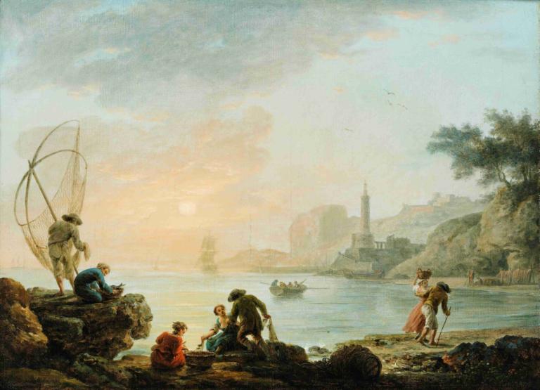 Fishers at the sunrise,朝日を浴びる漁師たち,Claude-Joseph Vernet,クロード＝ジョゼフ・ヴェルネ,油絵,油絵, 複数の男の子, 木, 屋外, 景色, 川, 水, 座っている