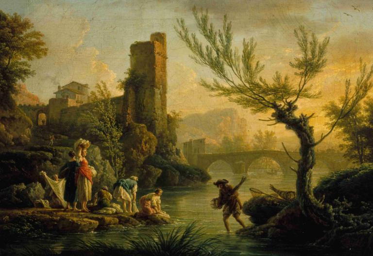 Paysage avec des lavandières,洗濯婦のいる風景,Claude-Joseph Vernet,クロード＝ジョゼフ・ヴェルネ,油絵,油絵, 木, 景色, 屋外, 複数の男の子, 水, ブロンドの髪