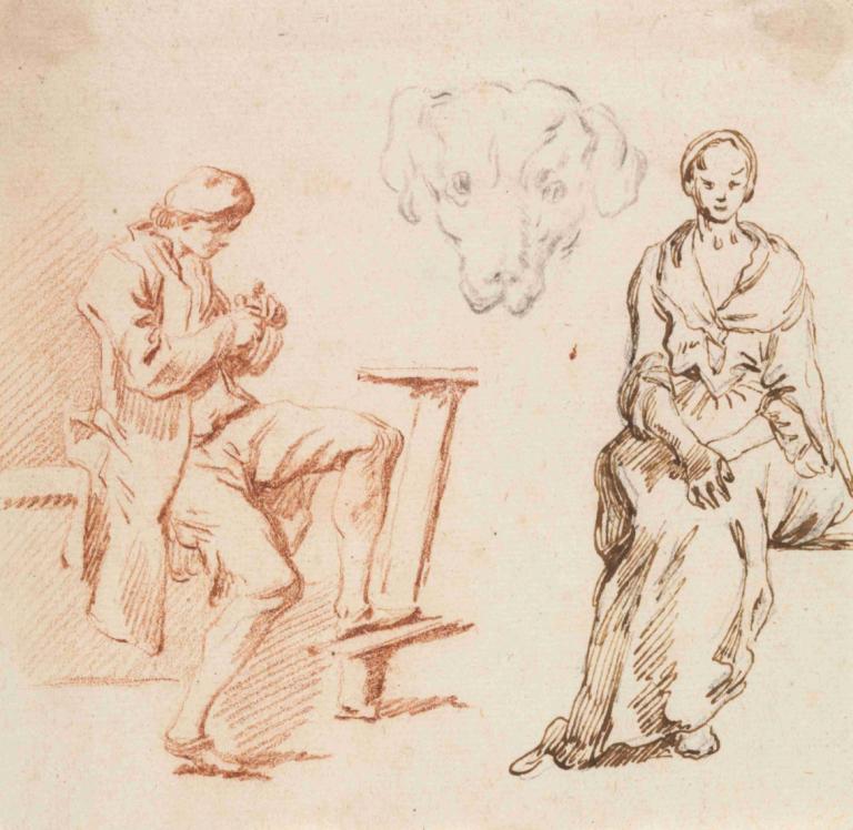 Sheet of Studies Seated Man, Head  of a Dog, Seated Woman,Blad med studier av sittande man, hundhuvud