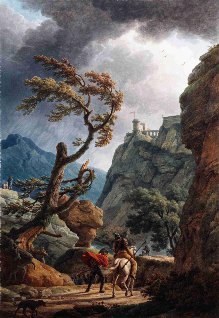 Soldiers in a Mountain Gorge, with a Storm,Claude-Joseph Vernet,Oil Painting,Oil Painting, tree, outdoors