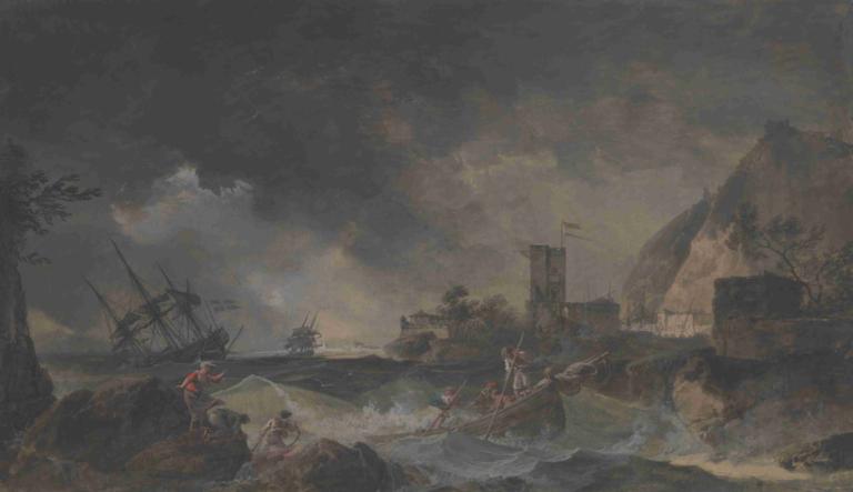 Storm,Claude-Joseph Vernet,Olieverf,Olieverf, waterscooters, buitenshuis, meerdere jongens, wolk, landschap