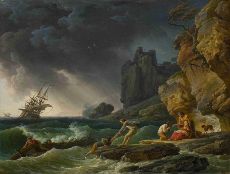 Stormy seas with castaways,Claude-Joseph Vernet,Oil Painting,Oil Painting, watercraft, cloud, scenery, water