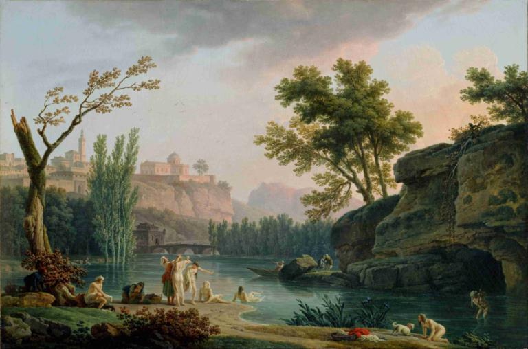 Summer Evening, Landscape in Italy,夏の夕暮れ、イタリアの風景,Claude-Joseph Vernet,クロード＝ジョゼフ・ヴェルネ,油絵,油絵, 木, 景色, 屋外, 川, 水