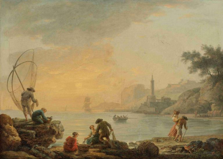 Sunrise With Fishermen,Claude-Joseph Vernet,Oil Painting,Oil Painting, multiple boys, outdoors, tree