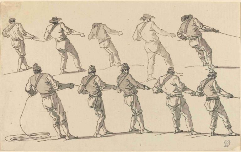 Ten Men Pulling on Ropes,Sepuluh Pria Menarik Tali,Claude-Joseph Vernet,Sketsa,Sketsa, fokus pria, satu warna