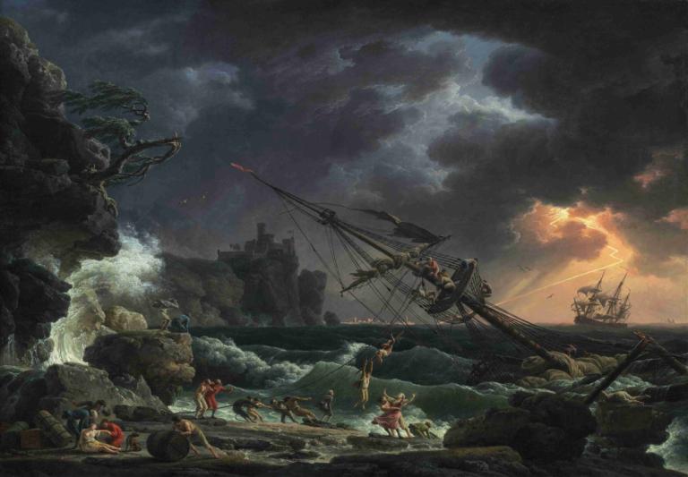 The Shipwreck,Claude-Joseph Vernet,Oil Painting,Oil Painting, cloud, water, scenery, multiple boys