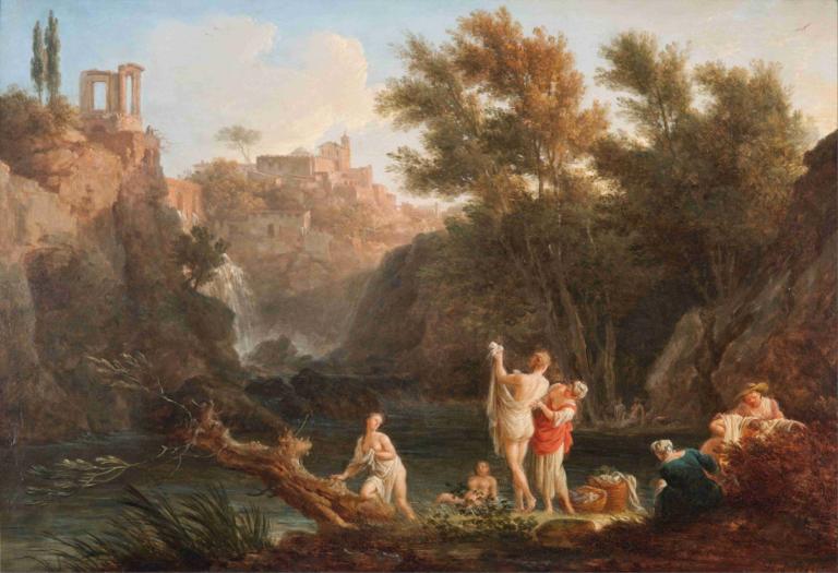 The four times of day- Evening,Claude-Joseph Vernet,Oil Painting,Oil Painting, outdoors, tree, multiple boys