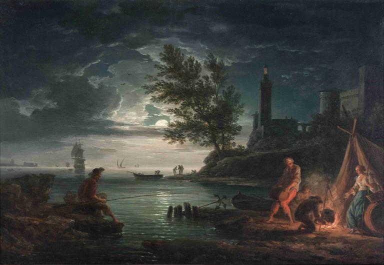 The four times of day- Night,Claude-Joseph Vernet,Oil Painting,Oil Painting, watercraft, boat, cloud, tree