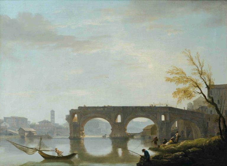 View Of The Ponte Rotto, Rome,Claude-Joseph Vernet,Oil Painting,Oil Painting, watercraft, boat, tree, scenery