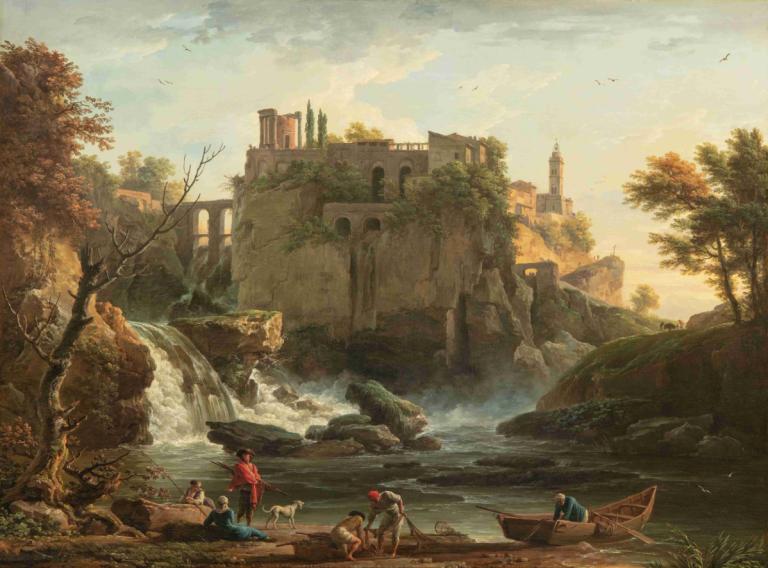 View Of Tivoli,Claude-Joseph Vernet,Oil Painting,Oil Painting, scenery, tree, water, outdoors, bird, river