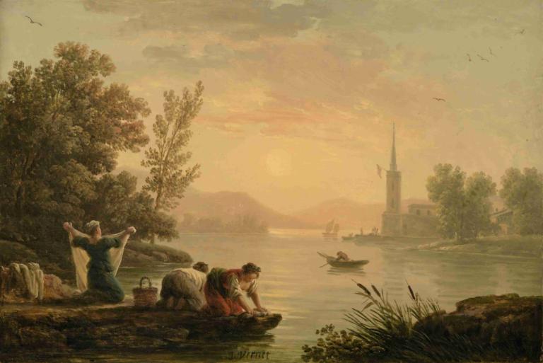 Washerwomen near by a lake,Wasvrouwen bij een meer,Claude-Joseph Vernet,Olieverf,Olieverf, buitenshuis, boom