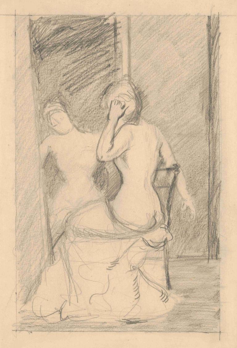 At a Mirror,Cyprián Majerník,Sketch,Sketch, monochrome, 1girl, sketch, fine art parody, back, nude