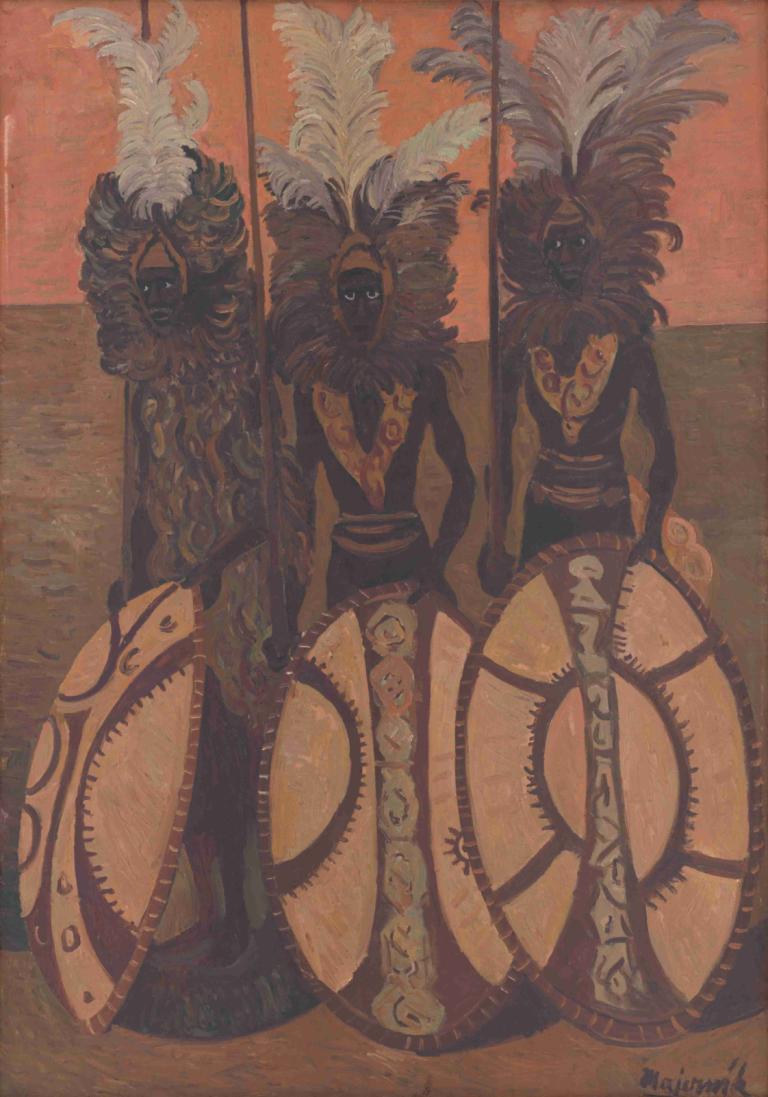 Black Men,Cyprián Majerník,Oil Painting,Oil Painting, feathers, no humans, looking at viewer, outdoors