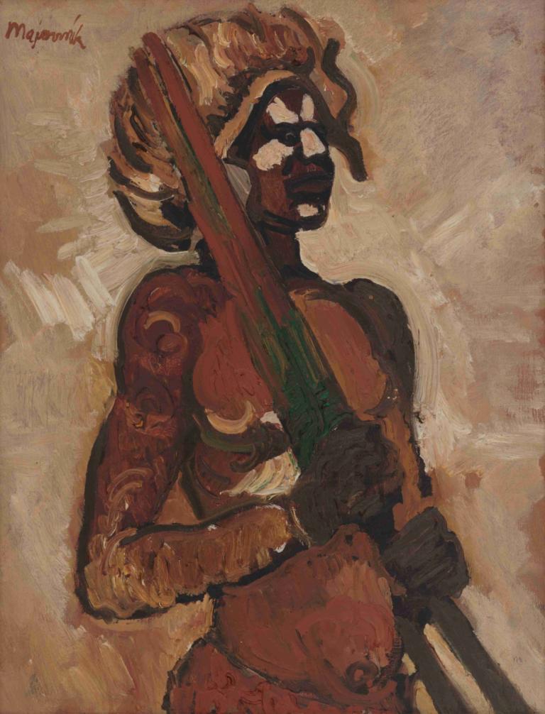 Black Warrior,Cyprián Majerník,Oil Painting,Oil Painting, solo, holding, 1girl, weapon, gloves