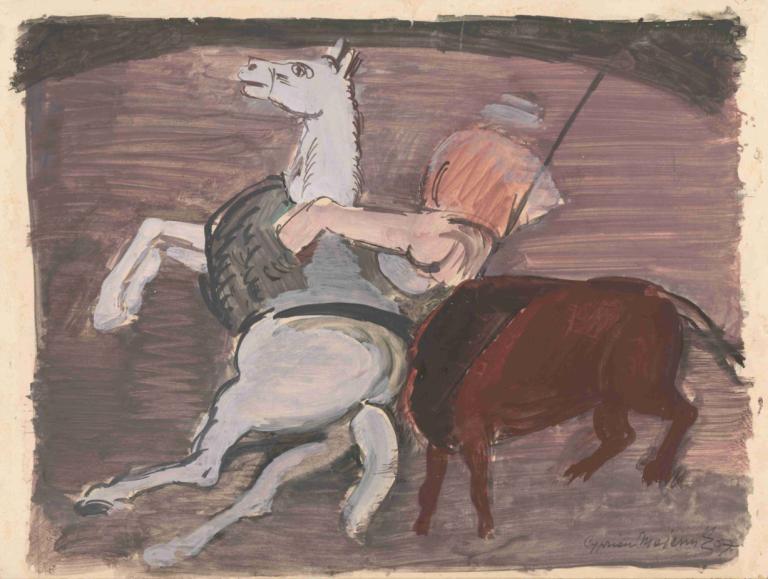 Bull Fight,Cyprián Majerník,Oil Painting,Oil Painting, 1girl, riding, animal, border, horse, taur, short hair