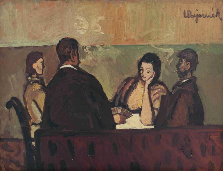 Card Players,Cyprián Majerník,Oil Painting,Oil Painting, multiple boys, 1girl, table, black hair, smoking