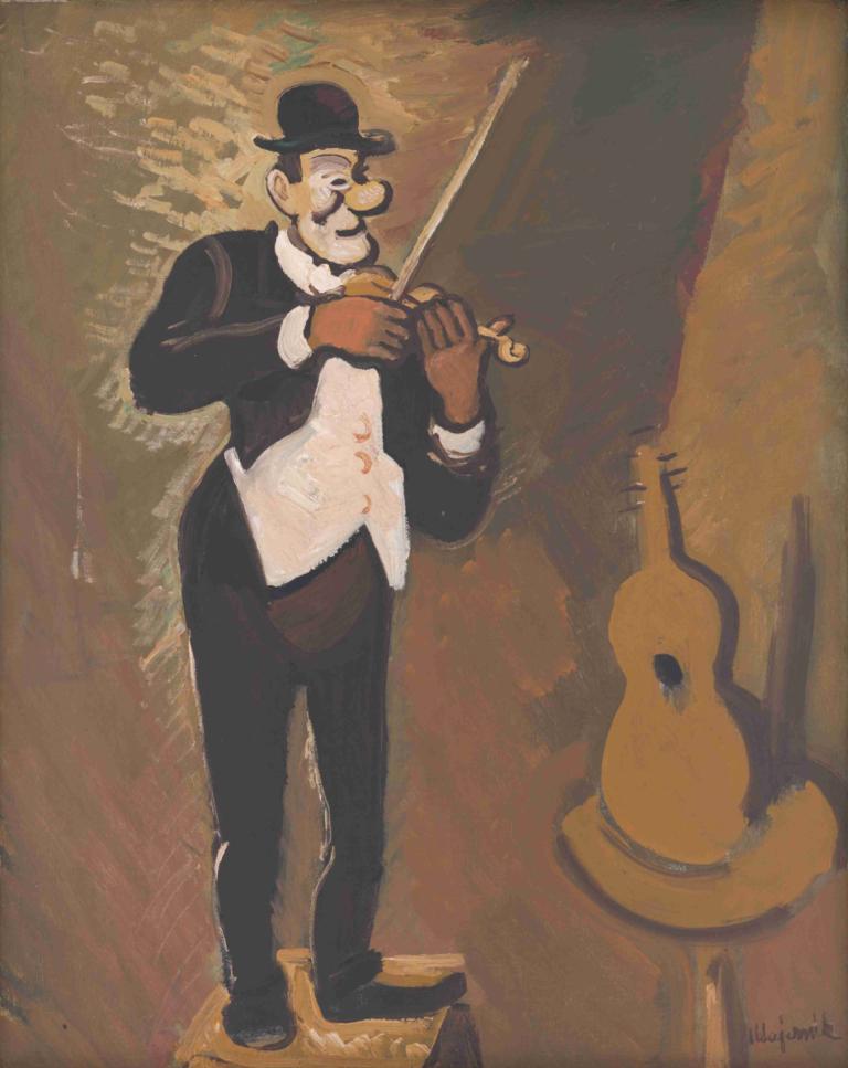 Clown Playing the Violin,Clown som spelar fiol,Cyprián Majerník,Oljemålning,Oljemålning, instrument, 1 pojke