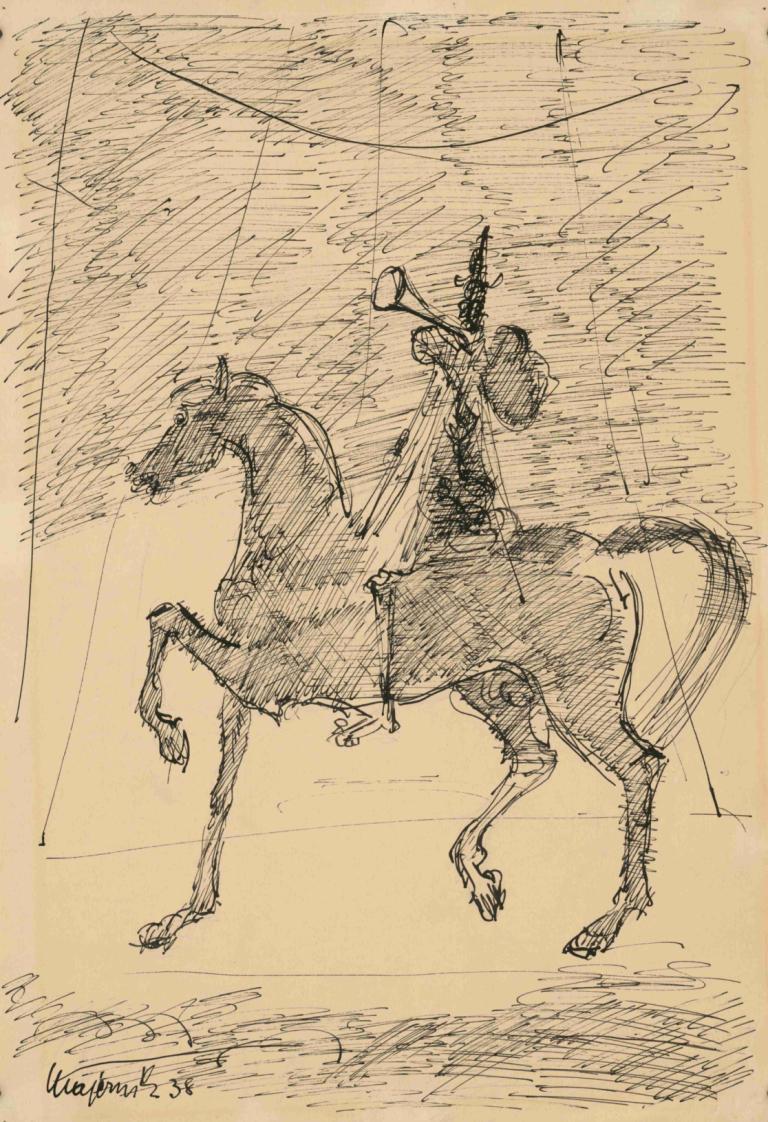 Clown on a Horse,Badut di atas Kuda,Cyprián Majerník,Siprus Majerník,Sketsa,Sketsa, satu warna, sketsa