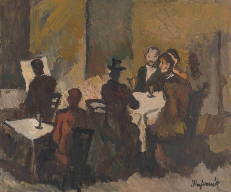 Company in a Coffee Shop,Selskap i en kaffebar,Cyprián Majerník,Cyprian Majerník,Oljemaleri,Oljemaleri, hatt