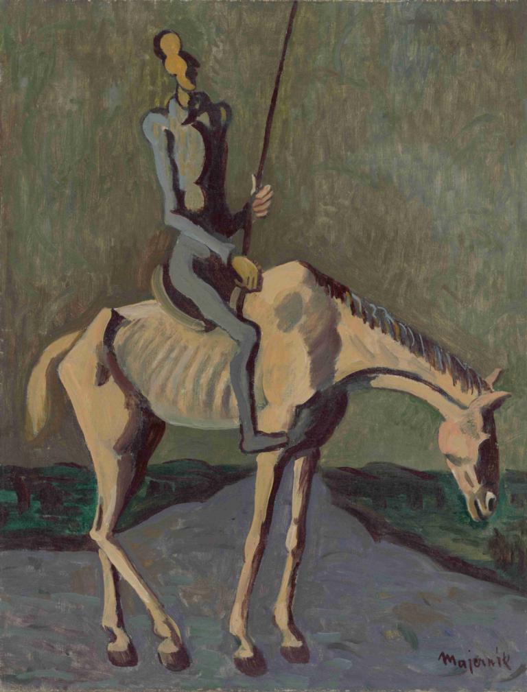 Don Quichotte,Cyprián Majerník,Oil Painting,Oil Painting, horse, holding, riding, solo, animal, signature