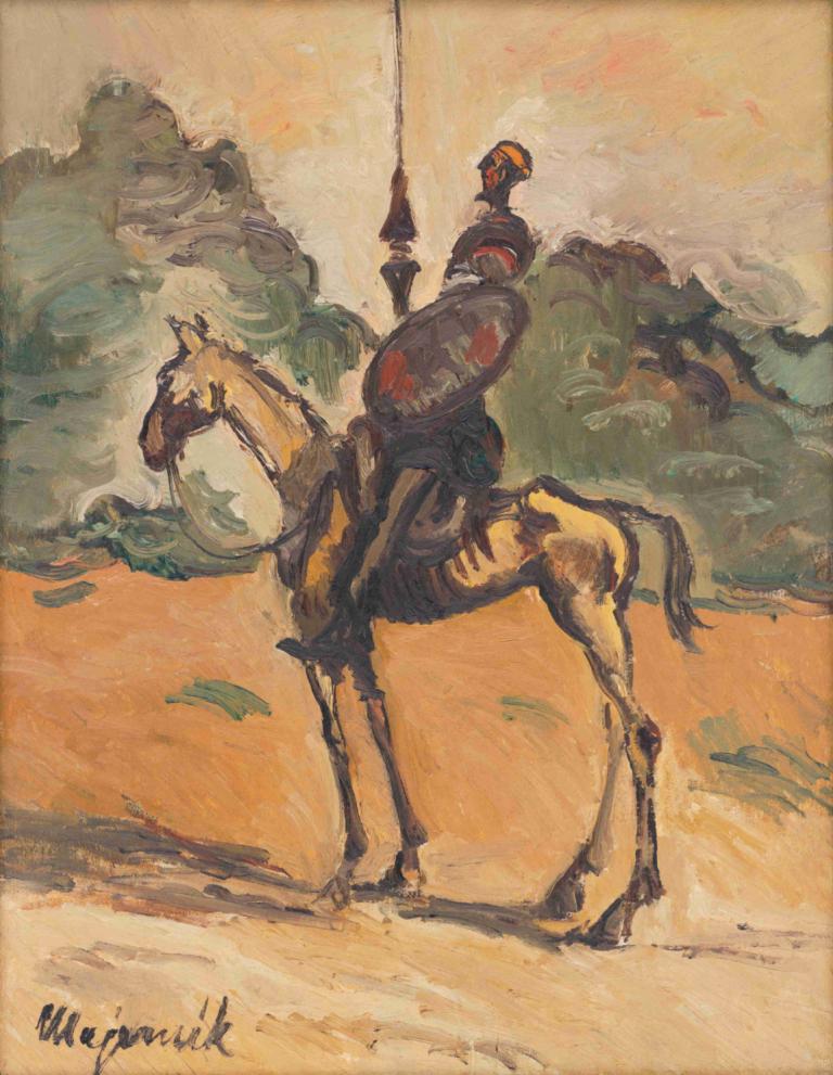 Don Quichotte,Cyprián Majerník,Oil Painting,Oil Painting, weapon, horse, holding weapon, traditional media