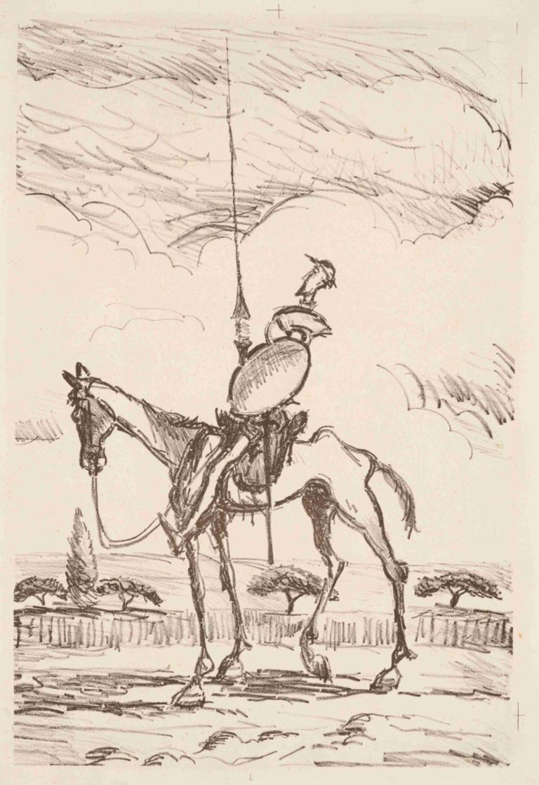 Don Quijote,돈키호테,Cyprián Majerník,키프리안 마제르닉,스케치,스케치, 단색화, 스케치, 새, 전통 미디어, 구름, 동물, 옥외, 독주, 1남, 말, 하늘, 남성 집중