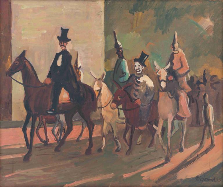 Entering the Ring,Cyprián Majerník,Oil Painting,Oil Painting, horse, hat, multiple boys, top hat