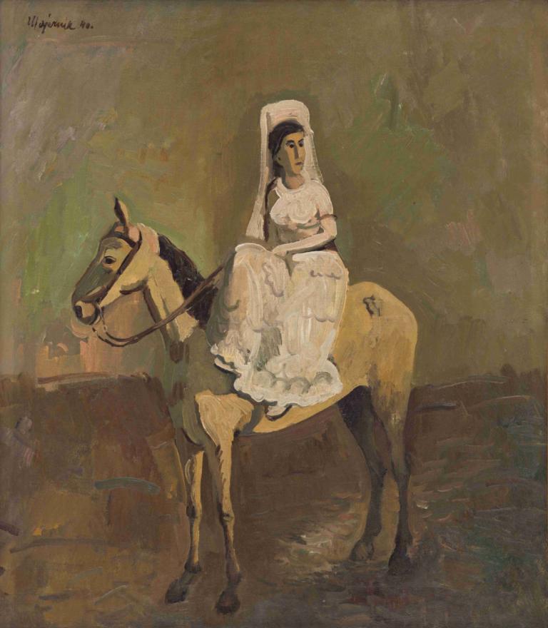 Equestrienne,Cyprián Majerník,Oil Painting,Oil Painting, 1girl, fine art parody, dress, horse, riding