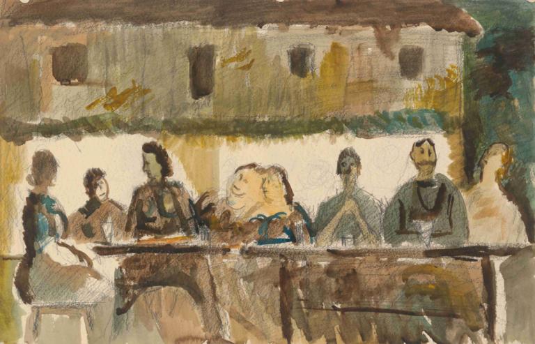 Feast in front of the House,房屋前的盛宴,Cyprián Majerník,油画,油画, 桌子, 多个男孩, 绘画（中）, 多个女孩, 传统媒体, 坐着, 水彩（中）, 杯子, 棕色的头发