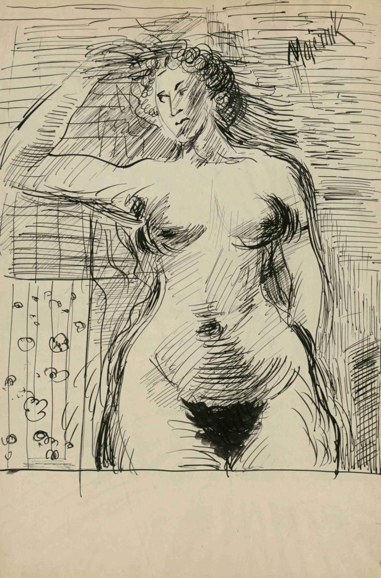 Female Nude,女性裸体,Cyprián Majerník,素描,素描, 1个女孩, 独奏, 女性阴毛, 阴毛, 裸体, 单色, 草图, 乳房, 长发, 阴毛过多, 传统媒体, 乳房分开