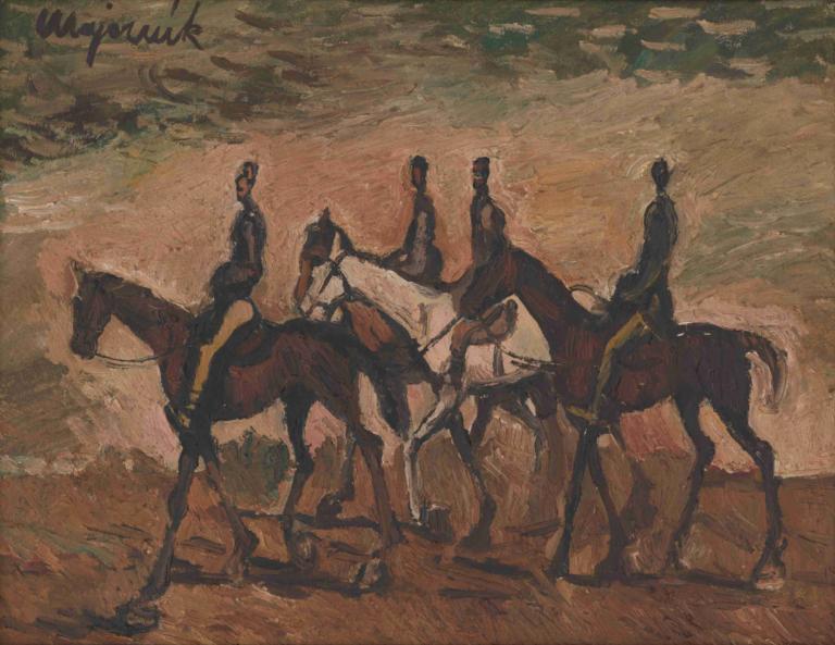 Jazdecká hliadka,马匹巡逻,Cyprián Majerník,油画,油画, 马, 骑马, 骑术, 武器, 传统媒体, 假传统媒体, 男性焦点, 独奏