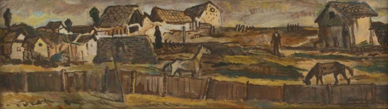 On the Pasture,牧场上,Cyprián Majerník,油画,油画, 户外, 风景, 建筑, 房子, 1个女孩, 独奏, 鸟