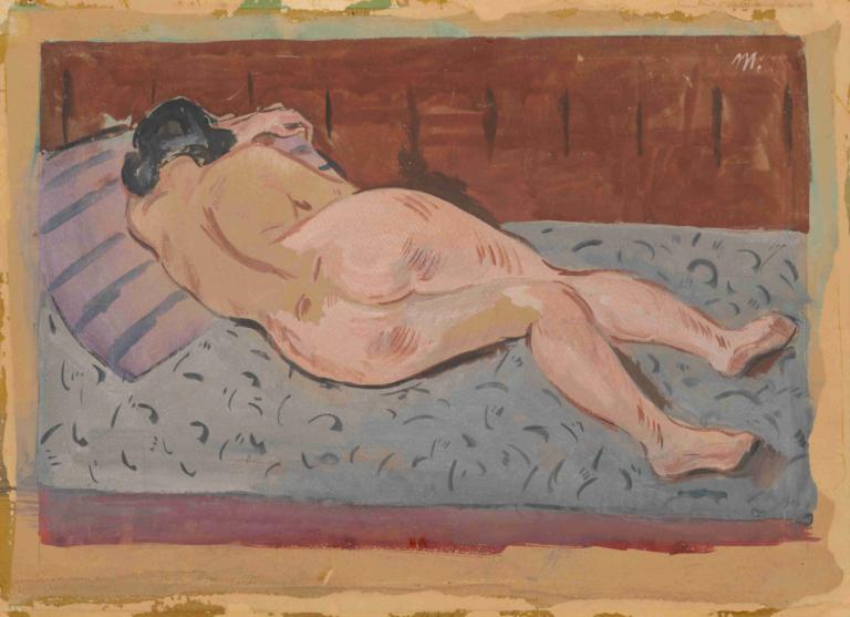 Reclining Nude,Cyprián Majerník,Oil Painting,Oil Painting, nude, solo, 1girl, black hair, on side, ass, lying