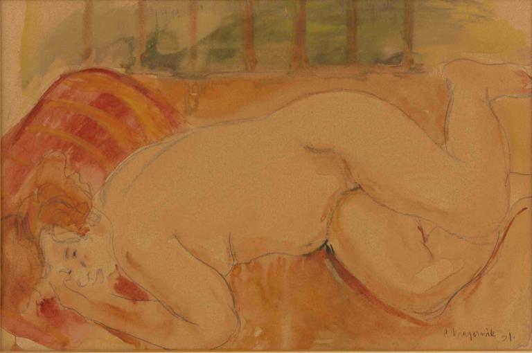 Reclining Nude,Cyprián Majerník,Oil Painting,Oil Painting, solo, nude, male focus, 1boy, lying