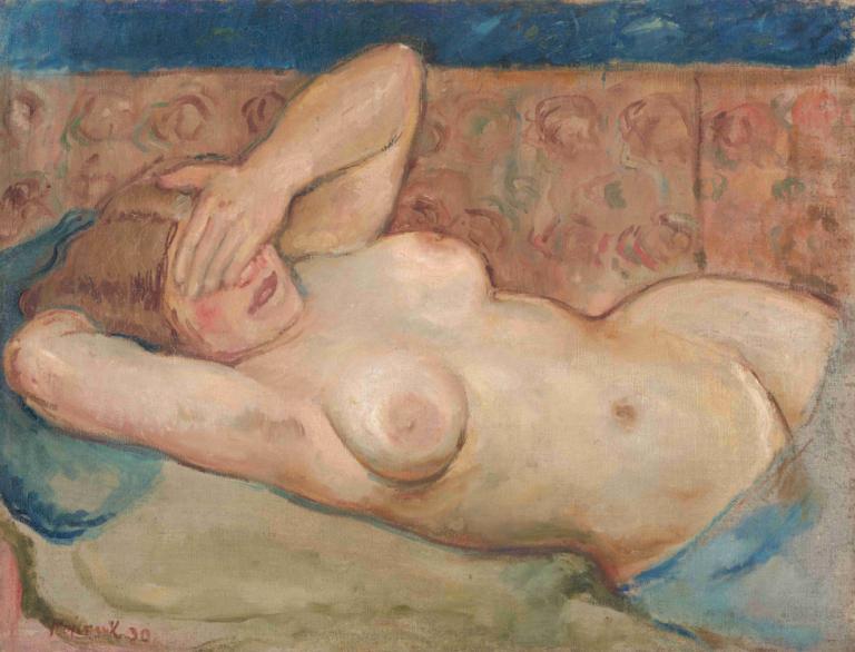 Reclining Nude (Shy),Cyprián Majerník,Oil Painting,Oil Painting, 1girl, breasts, nipples, solo, nude, navel