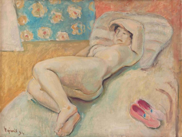 Resting Woman,Cyprián Majerník,Oil Painting,Oil Painting, 1boy, male focus, solo, ass, nude, lying, nipples