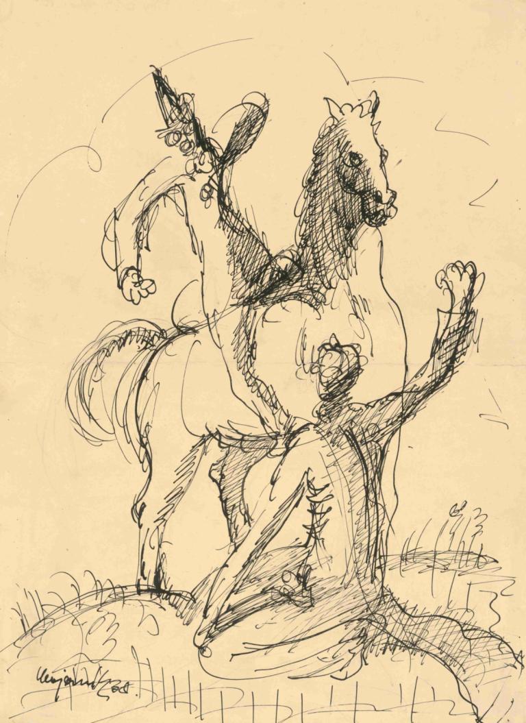 Two Clowns with a Horse,Deux clowns avec un cheval,Cyprián Majerník,Croquis,Croquis, monochrome