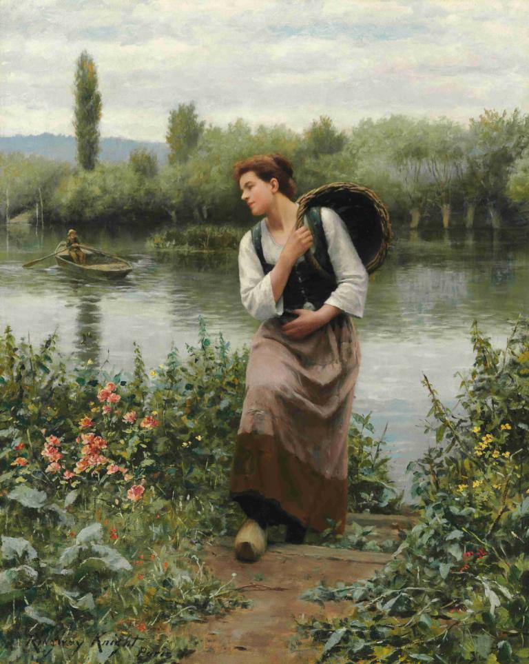 A Woman with a Basket,En kvinne med en kurv,Daniel Ridgway Knight,Oljemaleri,Oljemaleri, utendørs, 1 gutt